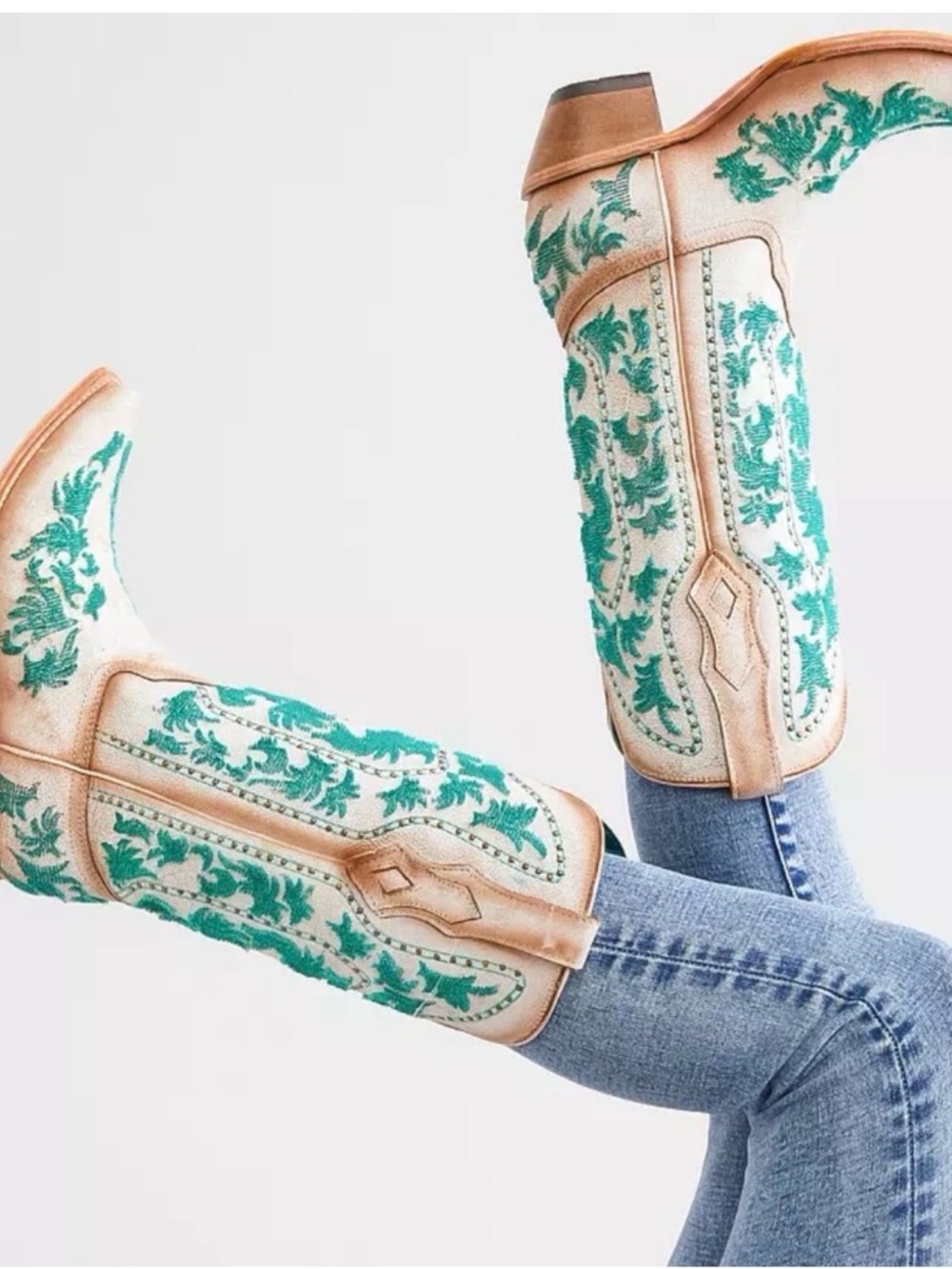 Corral White & Teal Western Heeled Boots - Picture 2 of 6